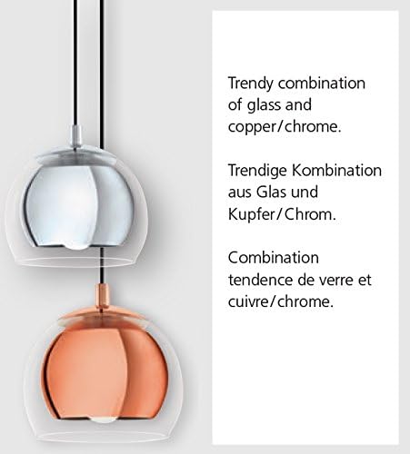 EGLO Ceiling Light Fitting Rocamar with 3 lampshades, Pendant Lighting Made of Copper-Coloured Steel and Clear Glass, Hanging lamp for Dining Table and Living Room, E27 Socket