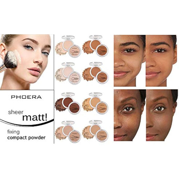 AQUAPURITY PHOERA Sheer Matte Compact Powder - Fixing Makeup Base Fixer Setting Powder Foundation Fix - Long Lasting Make Up Fixer - Skin Vitamin E Beauty Blender (206 TAN)