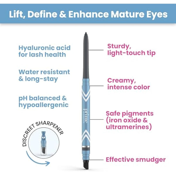 Prime Prometics PrimeEyes Glide Eyeliner for Mature Women – Waterproof, Long-Stay and Mess-Proof – Gel Cream Texture, Discreet Sharpener and Effective Smudger (Smoky)