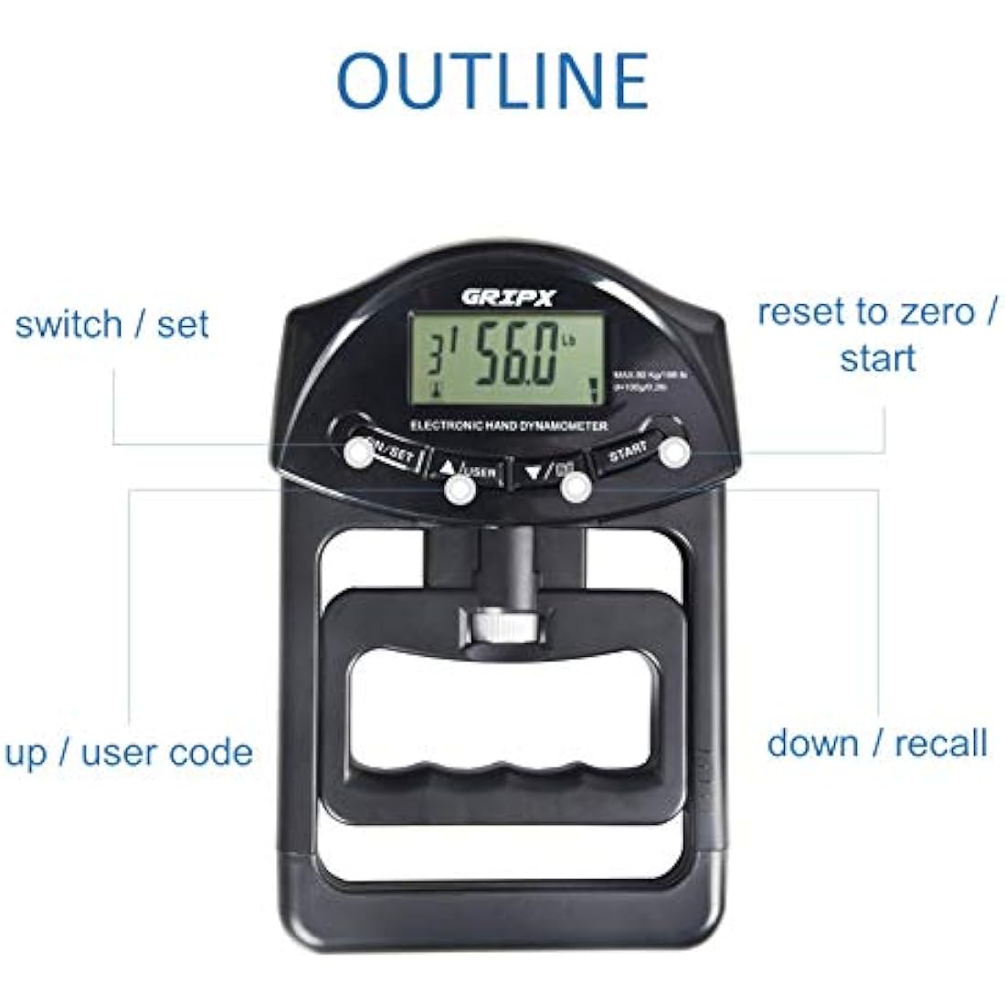 GRIPX Digital Hand Dynamometer Grip Strength Measurement Meter Auto Capturing Electronic Hand Grip Power 198Lbs / 90Kgs