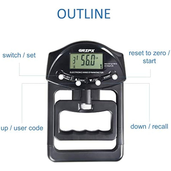 GRIPX Digital Hand Dynamometer Grip Strength Measurement Meter Auto Capturing Electronic Hand Grip Power 198Lbs / 90Kgs