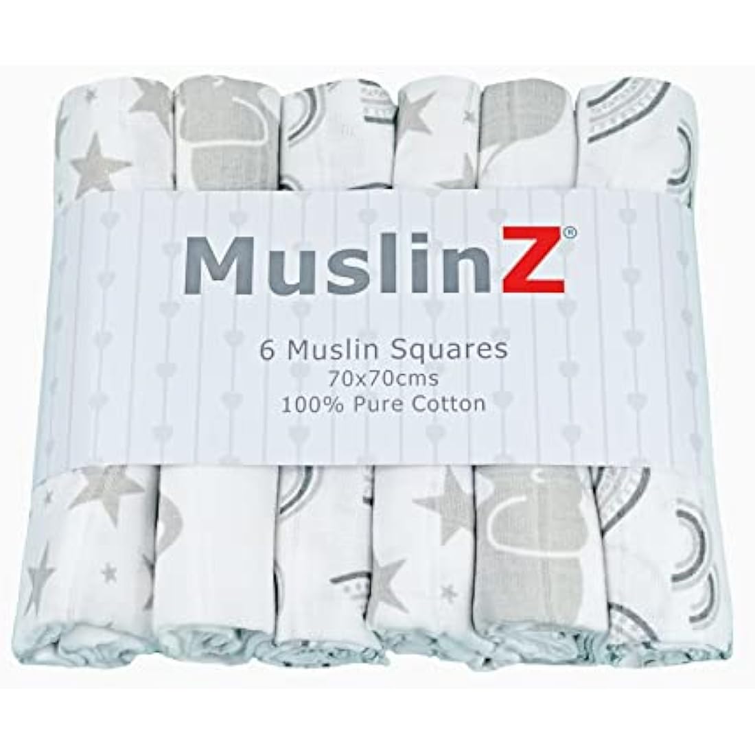 MuslinZ Muslin Squares - Muslin Cloths for Baby - Baby Burp Cloths - 6 Pack Muslins - Large 70x70cm - Boy, Girl, Unisex - Cotton - Absorbent & Breathable - Multi Use Newborn Cloths (Grey Prints)