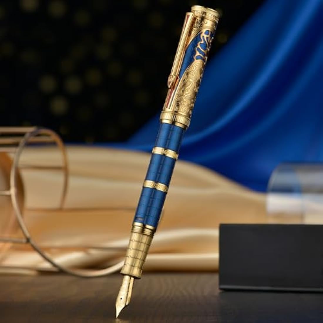 Hongdian D5 Qin Dynasty Fountain Pen Blue Gold, Extra Fine Nib Piston Filling Pen, Retro Chinese Totem Engraving Smooth Writing Pen with Pen Box Set
