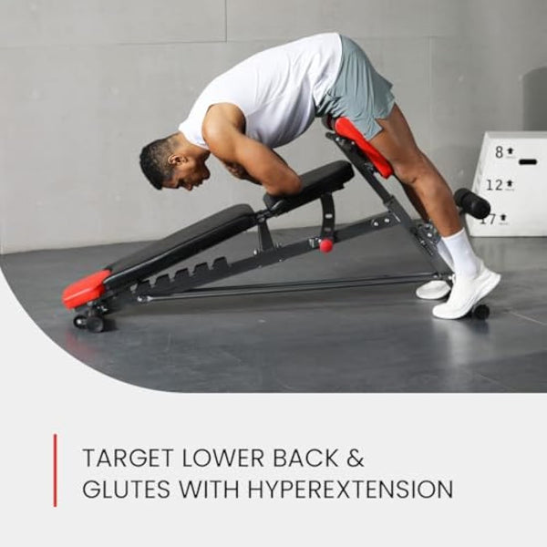 Finer Form Multi-Functional FID Weight Bench for Full All-in-One Body Workout – Hyper Back Extension, Roman Chair, Adjustable Ab Sit up Bench, Incline Decline Bench, Flat Bench