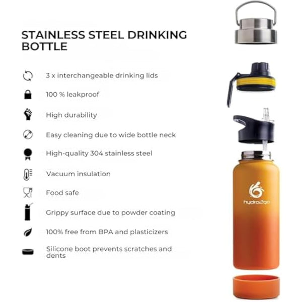 hydro2go Stainless Steel Water Bottle – BPA-Free Bottle for Kids, School, Sports & Outdoor – Keeps Drinks Hot for up to 12H and Cold for up to 24H – Includes 3 Drinking Caps – 950 ml (Sun)