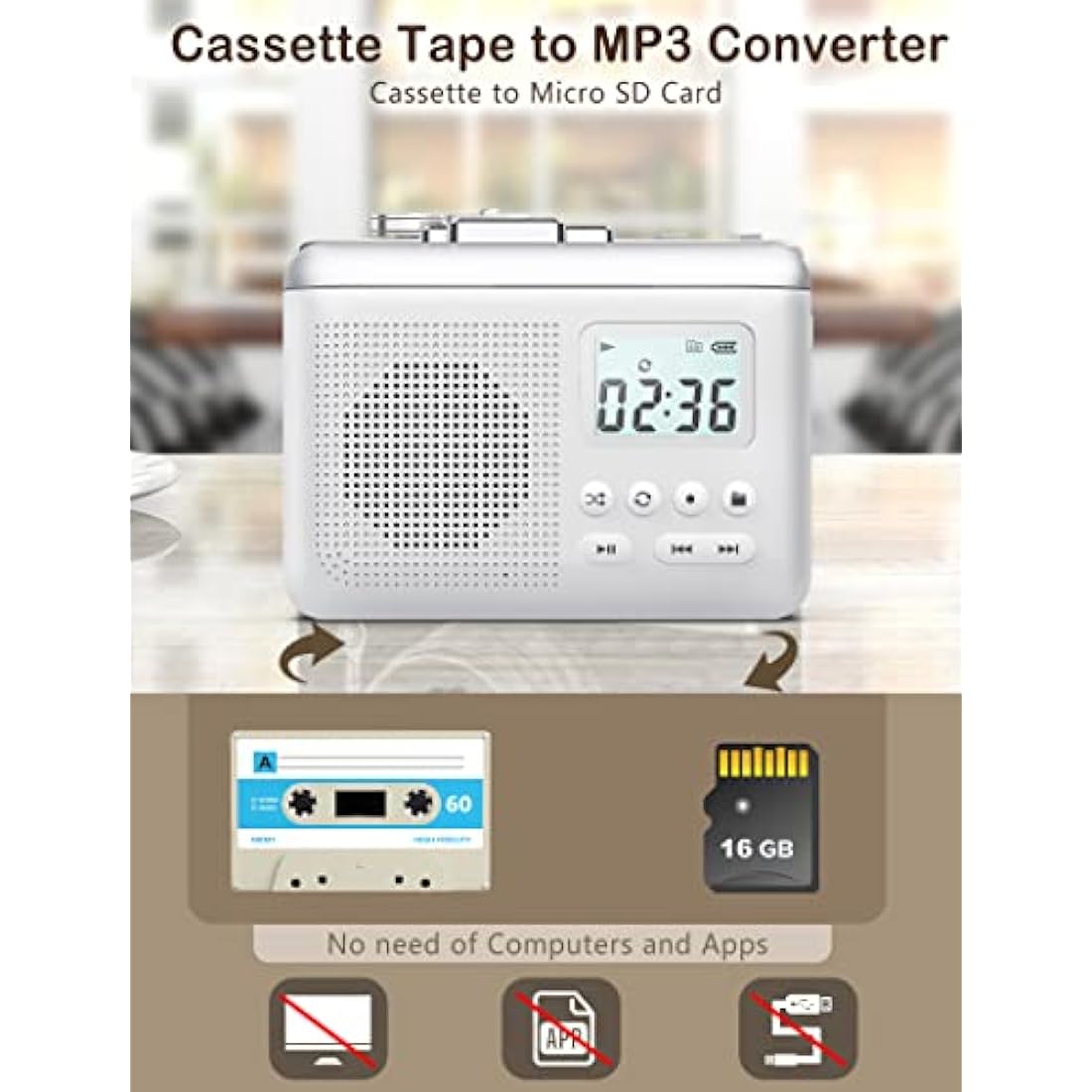 Gracioso Portable Cassette Player Recorder Converter,Cassette to MP3 via SD Card,Walkman Cassette Tape Player with 1000mah Rechargeable Battery,Built-in Microphone&Speaker,Headphone Jack,16GB SD Card