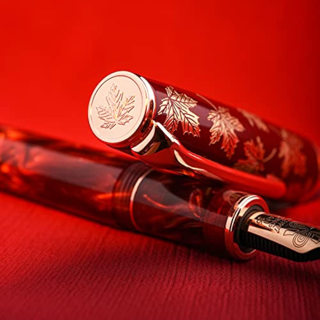 Hongdian N8 Red Acrylic Fountain Pen, Irdidium Long Blade Fine Nib Rose Gold Trim Maple Leaves Carving Cap, Smooth Writing Pen with Converter and Metal Pen Box Set