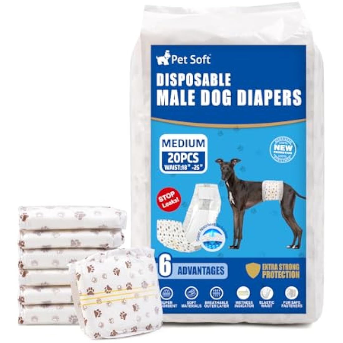Pet Soft Dog Nappies Male- 20 Counts Disposable Male Dog Wraps, Super Absorbent Puppy Dog Diapers Incontinence Nappy Wraps with Wetness Indicator (M-20 Count)