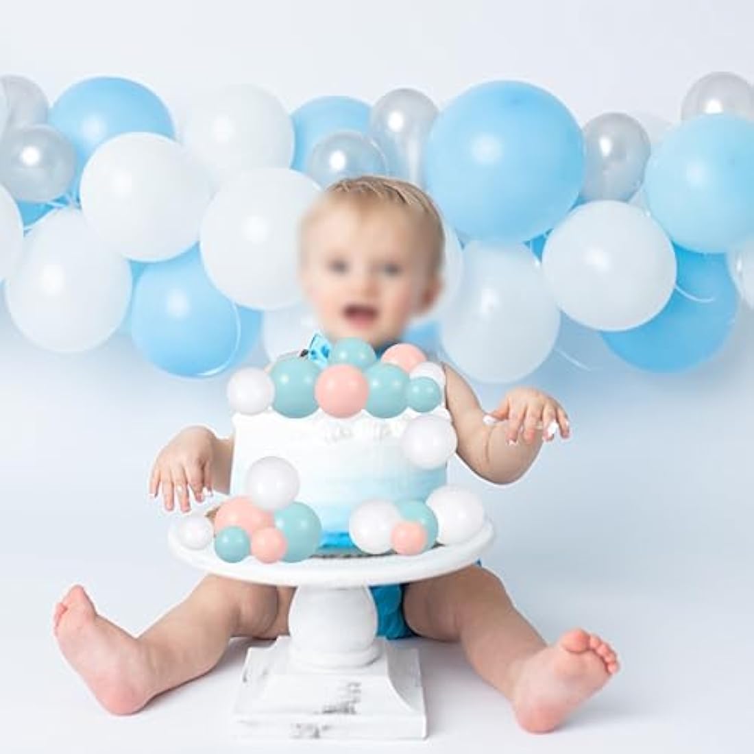 Gyufise 30Pcs Balls Cake Topper Foam Ball Cake Picks Faux Pearl Ball Shaped Cupcake Insert Cake Topper for Baby Shower Wedding Anniversary Kids Birthday Party Cake Decorations White Blue Pink