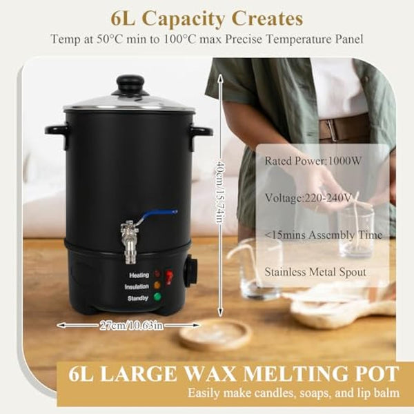 6L Wax Melter for Candle Making, Electric Wax Melting Container with Heat Resistant Handle & Stainless Spout & Temperature Controller for Soy Wax Soap Base Candle Making Supplies for Home - UK Plug