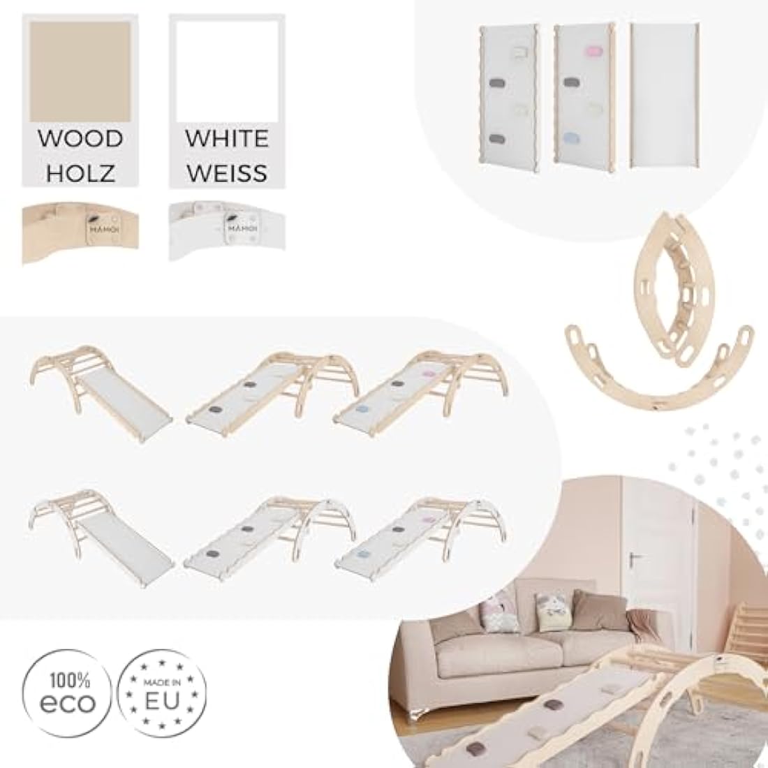 MAMOI® Indoor climbing frame for toddlers, Wooden baby gym, Play gym rocker toys made of wood for toddler, Rockers climbing frame