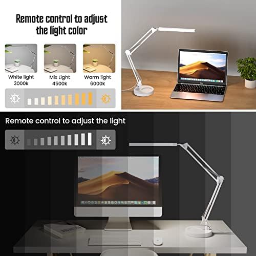 SKYLEO LED Desk Lamp with Clip and Base - Eye Protection Desk Lamps for Study - Swing Arm USB Desk Lamp Office - 3 Light Modes x 10 Brightness Levels - 5V/2A Adapter - White