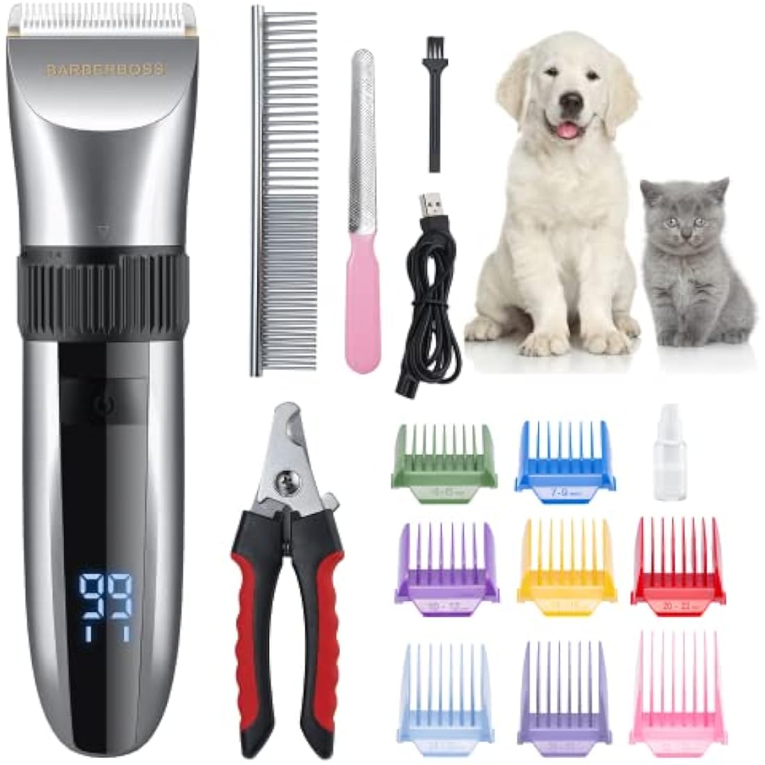 BarberBoss Cordless Dog Grooming Clipper - Waterproof, Ceramic Blades, LED Display, Fast Charging, Electric Pet Clippers for Dogs & Cats, Pets Hair Trimmer, QR-9082