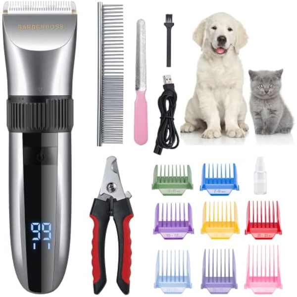 BarberBoss Cordless Dog Grooming Clipper - Waterproof, Ceramic Blades, LED Display, Fast Charging, Electric Pet Clippers for Dogs & Cats, Pets Hair Trimmer, QR-9082