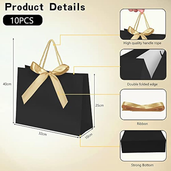10pcs Gift Bag With Gold Ribbin Luxury Paper Party bag With Handles For Wedding Birthday Baby Shower Halloween Christams((32 * 25 * 10cm, Black)