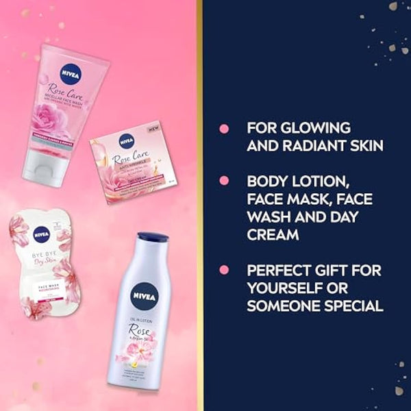 NIVEA Feel Flawless Gift Set (4 Products), Women's Gift Set with Skincare Essentials, Includes Body Lotion, Face Mask, Face Wash, and Day Cream