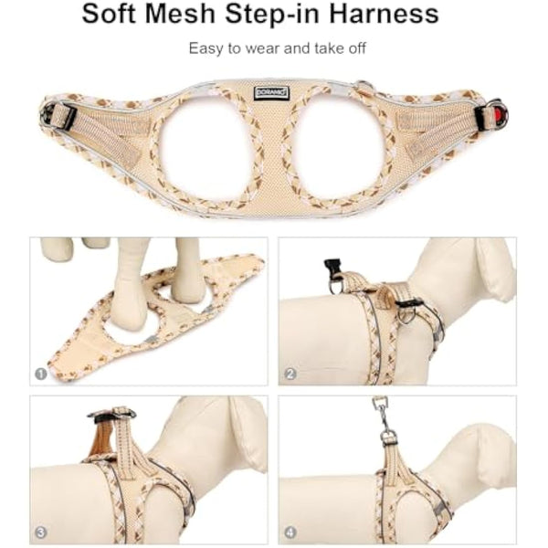 DORAMIO Step-in Dog Harness and Leash Set, Soft Mesh No-Chock Reflective Breathable Easy Walk Lightweight Vest Harnesses with Safety Buckle for Small Dogs, Cats, Puppies (Beige Yellow, XXS)