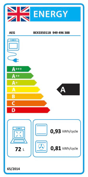 AEG 3000 Series Surroundcook Integrated Oven BEX335011B, 72L Multilevel Cooking, Turbo Grill, Defrost, Led Display, XL Baking Tray, Aqua Clean, Built-in Oven 590x560x550mm, Class A+++ Black