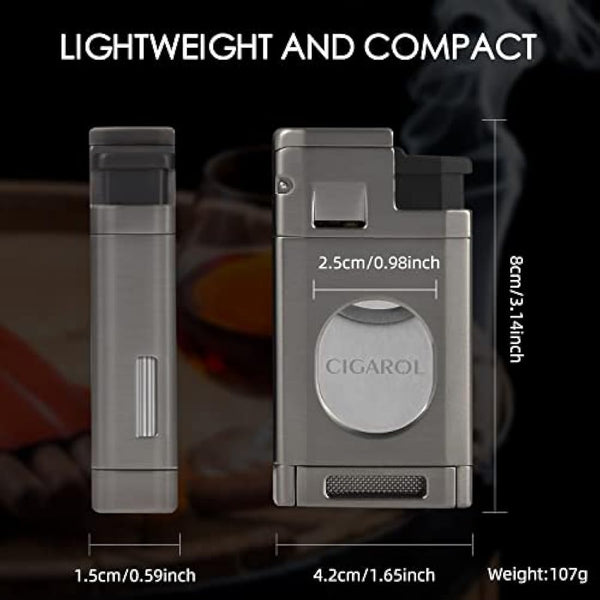 6-Finger Cigar Travel Humidor Cigar Case with Triple Flame Cigar Lighter, Leather Cigar Box with Round Humidifier, Cigar Punch and Dropper, Cedar Wood Humidor Cigar Box Gift Box Storage Box（Black）