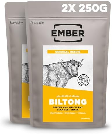 Ember Snacks: Biltong Beef Jerky Original Flavour (2 x 250g) 500g total - Protein Keto Snacks, Bulk Bags - Resealable for On The Go Snack
