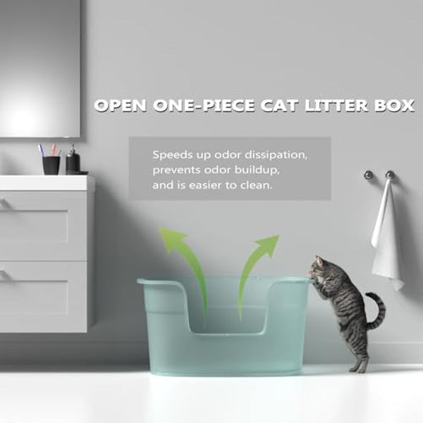 Extra Large Cat Litter Tray, 63cm x 45cm x 33cm Deep, Easy Cleaning, Lowered Entry, Anti-Spillage, Transparent Green
