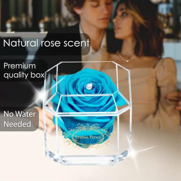 Eternal Petals A 100% Real Rose That Lasts Years, Handmade in UK – Gold Solo with A Multicolour Swarovski Crystal (Blue Lagoon)