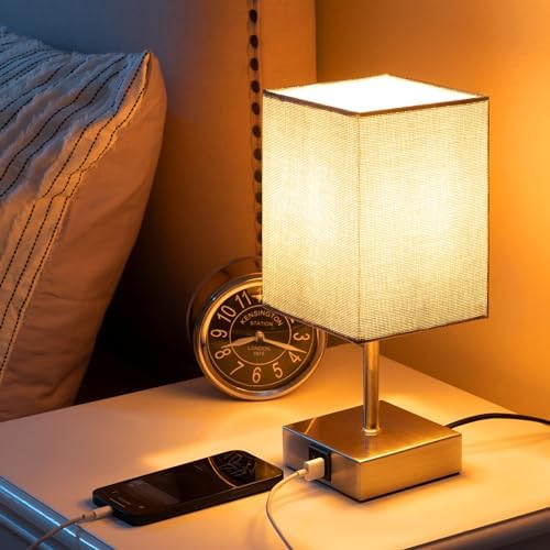 EDISHINE Bedside Lamps Set of 2, 3 Way Dimmable Table Lamp with USB A+C Charging Ports, Touch Lamps for Bedroom, Living Room, Grey (LED Bulbs Included)