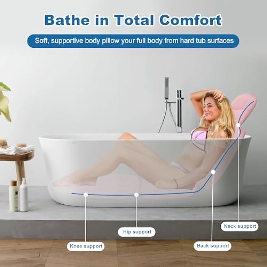 Full Body Bath Pillow, Luxury Bath Cushion with 192 Suction Cups, Bath Pillows for Tub for Head and Neck Support, with Laundry Bag Pink, 51" x 16"