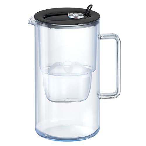 AQUAPHOR Glass Black Water Filter Jug - Take to Table Premium Glass Design Jug with Easy-Fill Flip-Open Lid, 2.5L Capacity, 1 X MAXFOR+ Filter Included, Reduces Limescale, Chlorine & Microplastics.