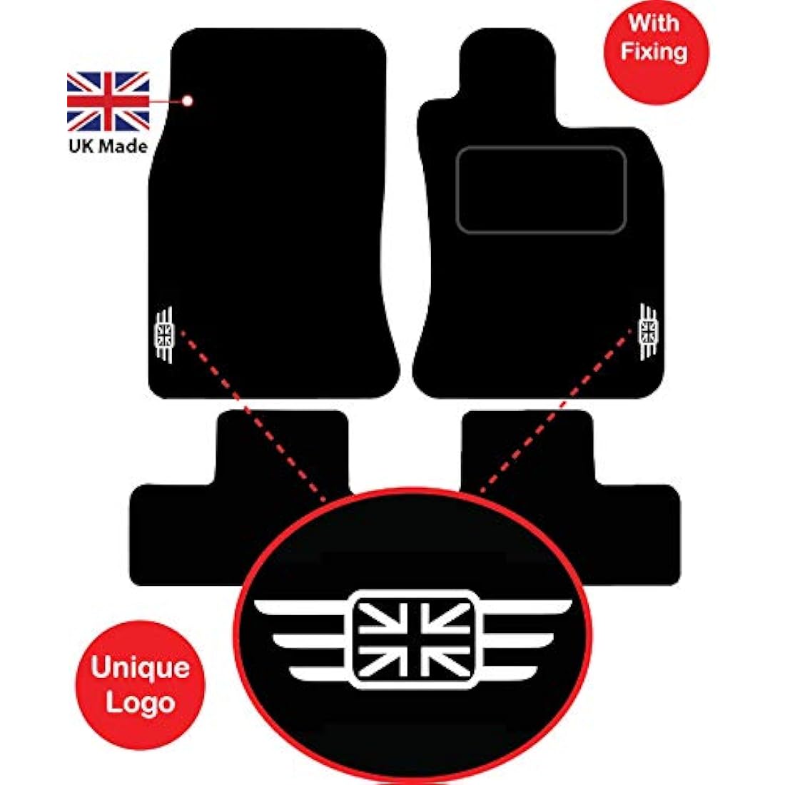 Lusso Carpet Floor Mats for Car | Tailored/Compatible to Fit Mini Cooper R50 R53 from 2001 to 2006 | Front & Rear with Heel Pad | 4-Piece Set (Black Edging)