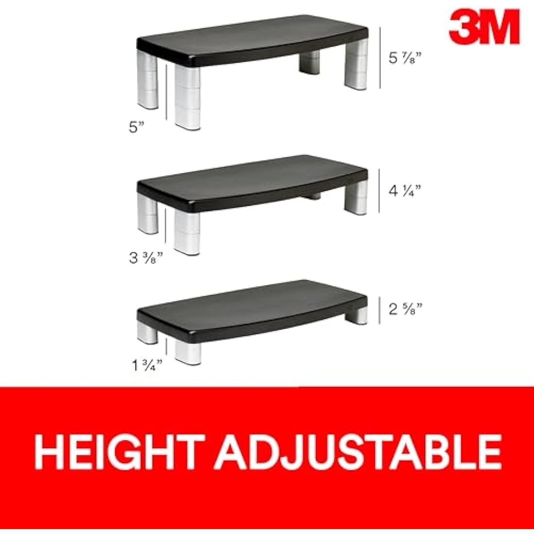 3M Office Adjustable Monitor Stand, 50.8 x 30.48 x 14.9 cm - Black/Silver