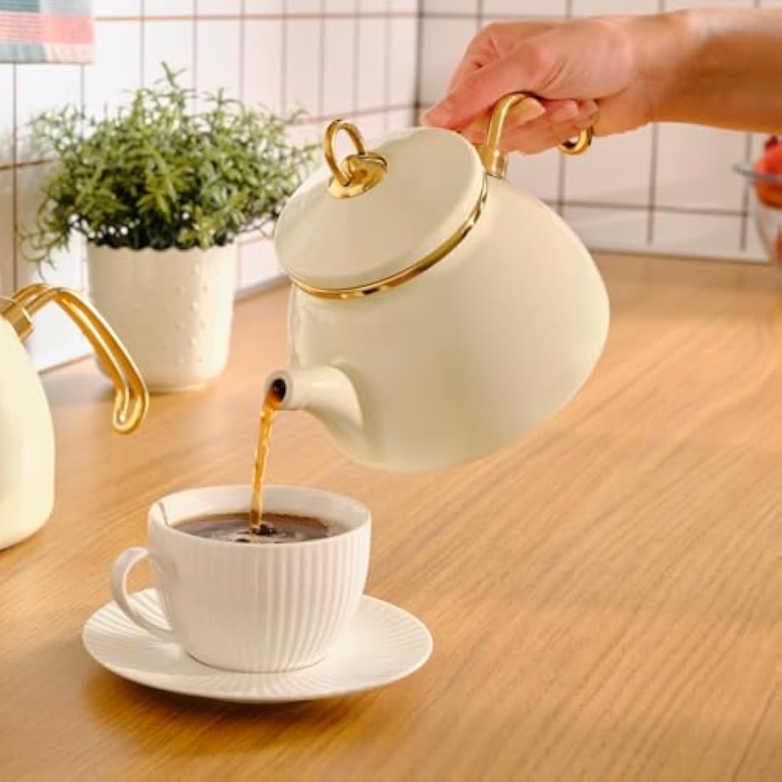 Karaca Retro Enamel Teapot Set, Titanium, Tea Infuser 1.1 L - 2.4 lb, Water Pot 2.3 L - 5.1 lb, Cream, Suitable for Induction, Kettle, Turkish Tea Kettle