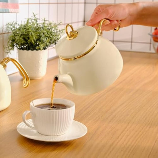 Karaca Retro Enamel Teapot Set, Titanium, Tea Infuser 1.1 L - 2.4 lb, Water Pot 2.3 L - 5.1 lb, Cream, Suitable for Induction, Kettle, Turkish Tea Kettle
