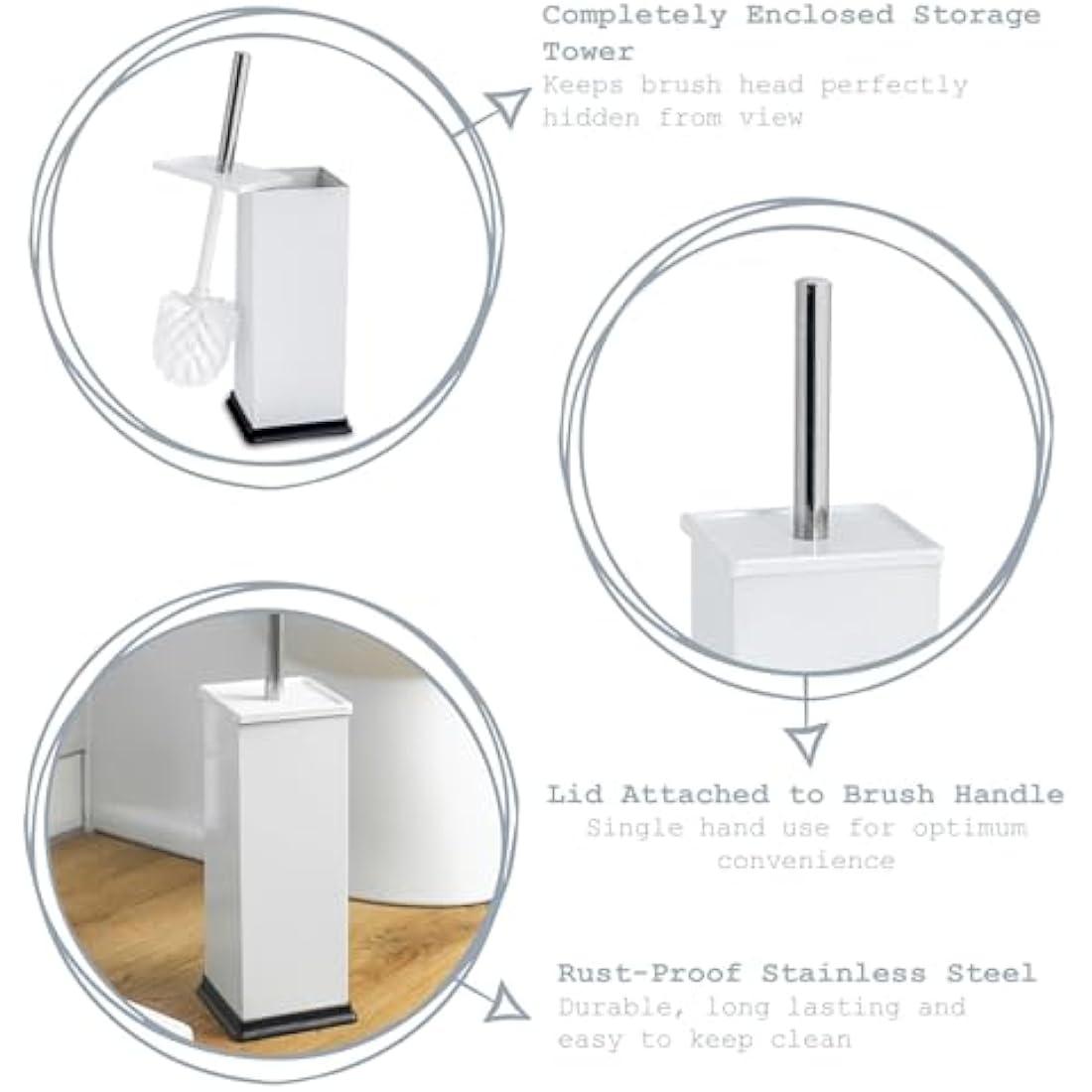 Harbour Housewares Bathroom Bin & Brush Set - White - 2pc Square Stainless Steel Pedal Bin & Toilet Brush Set Slim Small Trashcan for Kitchen Waste, Bathroom Rubbish