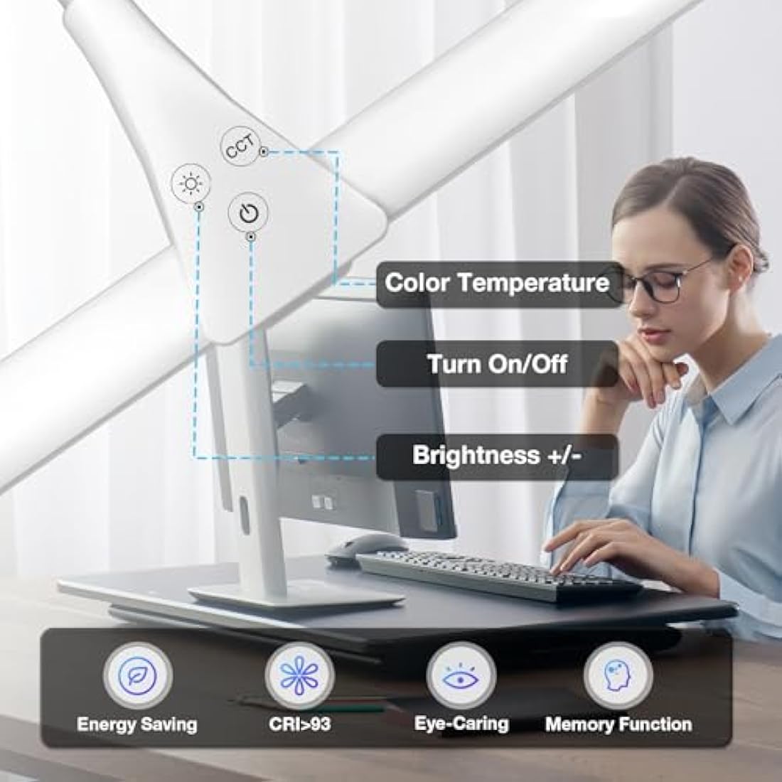 Hensam Desk Lamp, 80CM White Desk Lights Bar for Study, Clip On Desktop Computer Lighting with Gooseneck, Bright Dimmable Task Table Lamp for Work Reading Craft Students