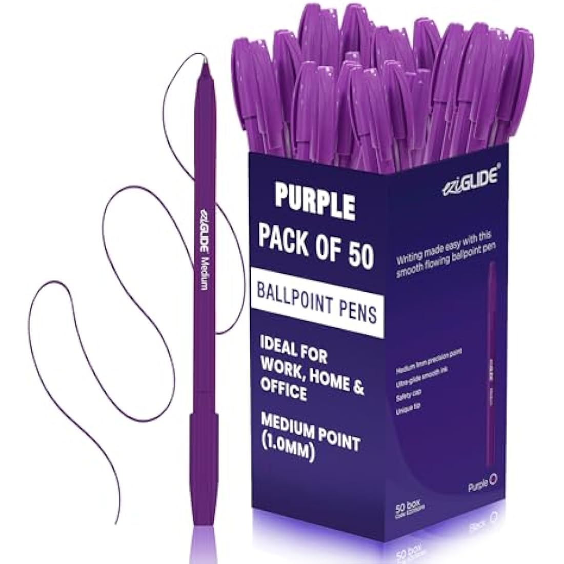 Eziglide 50-Pack Ballpoint Pen Set, Purple – Medium Point Nib (1.0mm) for Fine Ballpoint Precision & Easy Grip – Bulk Pens, Ideal for Home, Office, Work, Exams & School Supplies