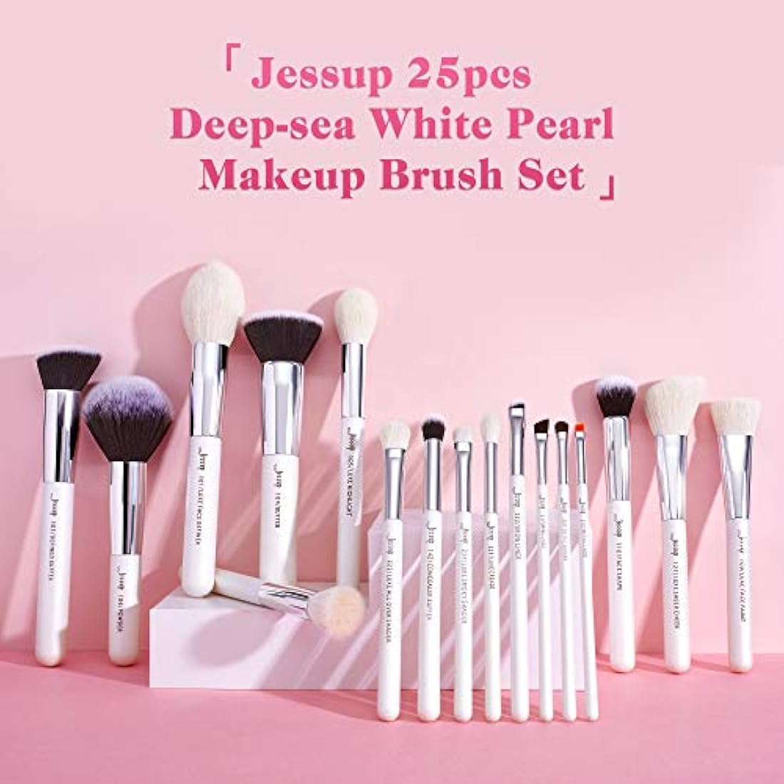 Jessup Brand 25pcs Professional Makeup Brush Set Beauty Cosmetic Foundation Powder Blush Blending Eyeshadow Concealer Highlighter Natural-Synthetic Hair Brushes (Peal White/Silver) T235