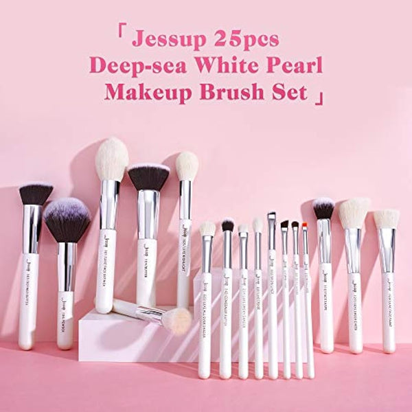 Jessup Brand 25pcs Professional Makeup Brush Set Beauty Cosmetic Foundation Powder Blush Blending Eyeshadow Concealer Highlighter Natural-Synthetic Hair Brushes (Peal White/Silver) T235