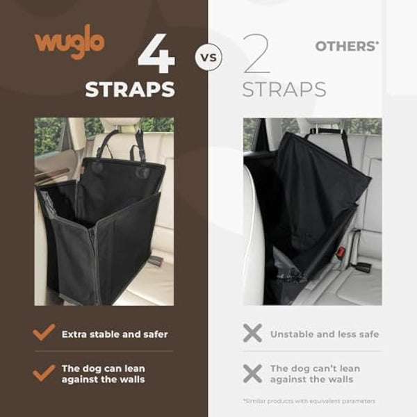 Wuglo Extra Stable Dog Car Seat - Reinforced for Medium-Sized Dogs With 4 Fastening Straps - Robust and Waterproof Pet Seat for the Back of the Car (M Size, Black) (PS-2-M)