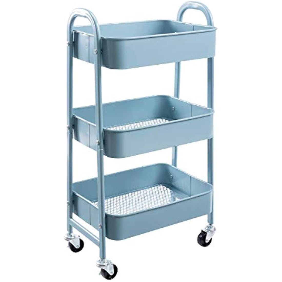 DOEWORKS Storage Trolley on Wheels Metal 3-Tier Kitchen Trolleys Craft Trolley Beauty Trolleys Rolling Utility Storage Cart for Books Room Bathroom Office, Grey-Blue