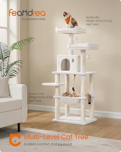Feandrea Cat Tree, 143 cm Cat Tower for Indoor Cats, Multi-Level Plush Cat Condo with 11 Scratching Posts, Perches, Cave, Hammock, Pompoms, Cream