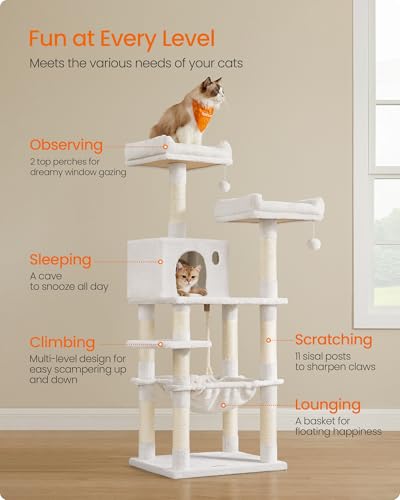 Feandrea Cat Tree, 143 cm Cat Tower for Indoor Cats, Multi-Level Plush Cat Condo with 11 Scratching Posts, Perches, Cave, Hammock, Pompoms, Cream
