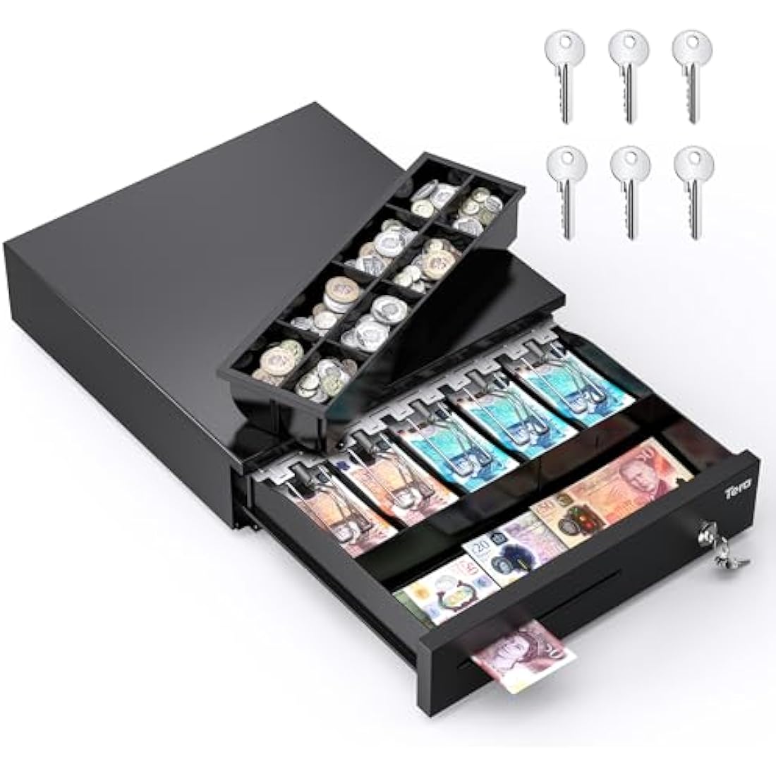 Tera 16" Cash Register Drawer Auto Open with 5 Bill 8 Coin Cash Tray 6 Keys Removable Coin Compartment Key-Lock 24V RJ12 Interface Media Slot for Point of Sale POS System Shop Business 4042G