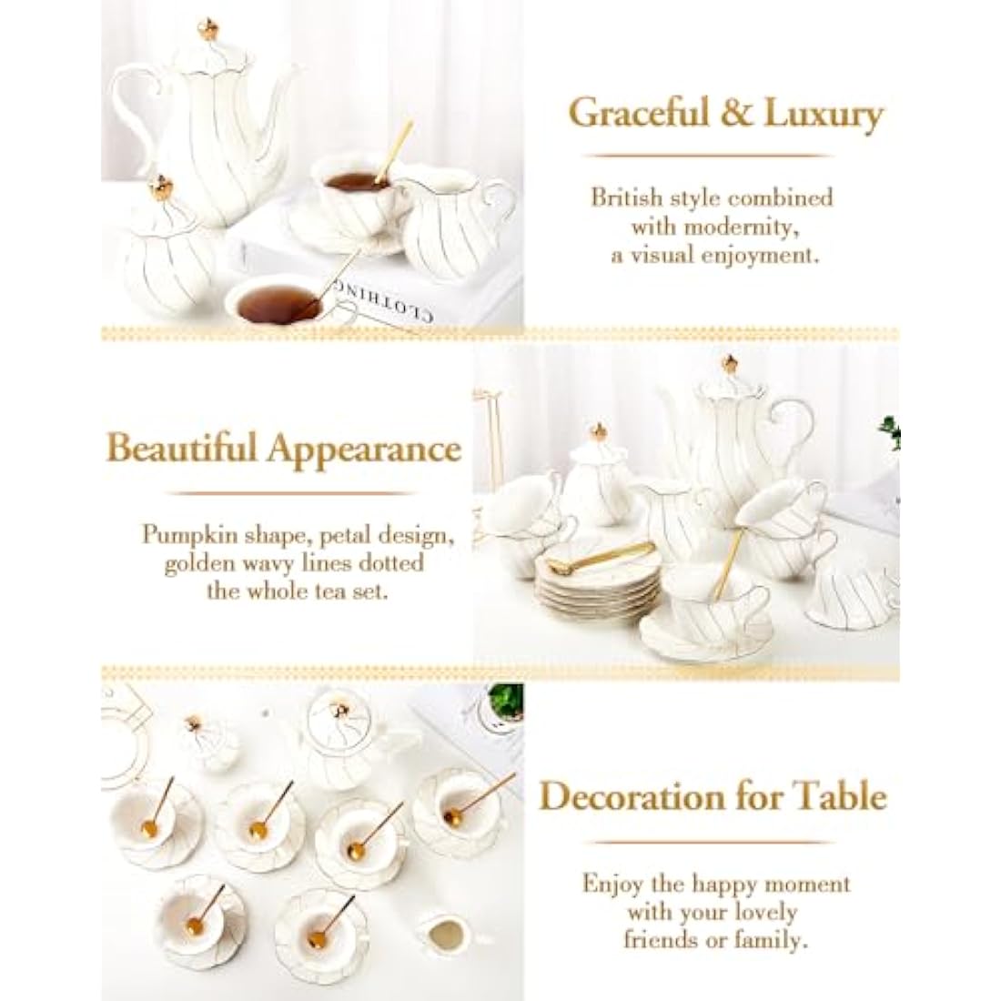 DUJUST 22 pcs White Porcelain Tea Set for 6, Luxury British Style Tea/Coffee Cup Set with Golden Trim, Beautiful Tea Set for Women, Tea Party Set, Gift Package (Including a Stand) - White