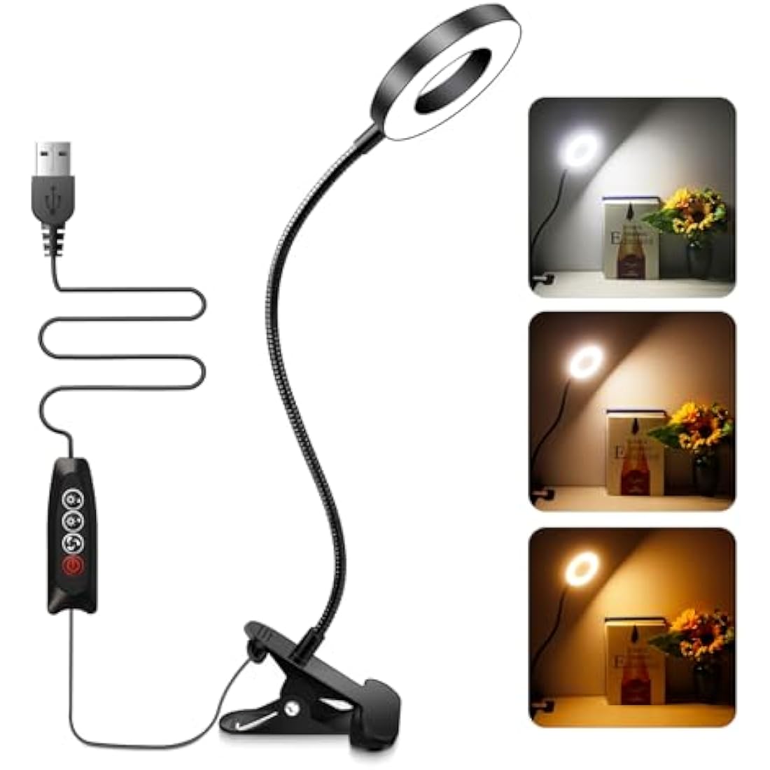 Akynite Clip on Desk Light with USB Cable, 48 LED Bedside Reading Lamp Dimmable, 3 Colors & 10 Brightness, 35cm Gooseneck Clip Bed Light for Reading, Clamp Desk Ring Lamp for Craft Video Calls, Black
