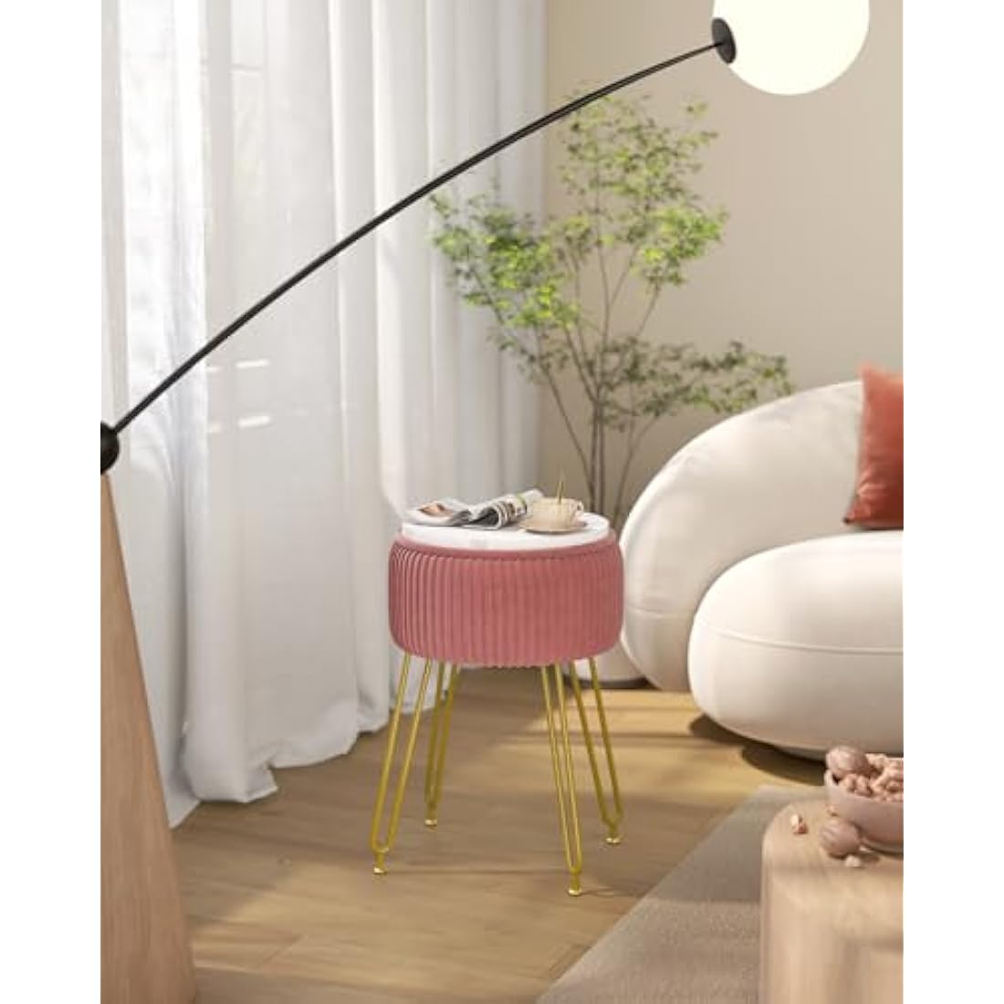 IBUYKE Velvet Storage Footrest Stool Ottoman, Makeup Vanity Stool Side Table with Golden Steel Legs Removable Cover, Coffee Table Top Cover, Pink L/G-20P