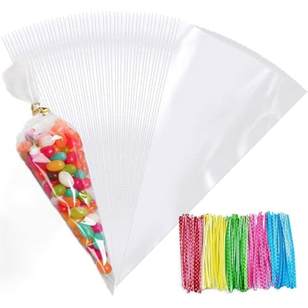 FOLKSNSHOPS 200pcs Sweet Cone Bags 32x18cm Clear Cone Bags, Sweet Bags, Cellophane Cone Bags with Ties for Party Supplies, Sweets, Biscuits Displaying & Wrapping on Birthday Parties and Festivals