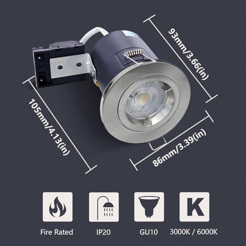 4XSweier IP20 Fire Rated LED Downlights for Ceiling,90 Minute Fire Rated GU10 Downlights, 5W 6000K Cool White Ceiling Recessed Spotlights Fittings with Satin Nickel (Non-Dimmable)