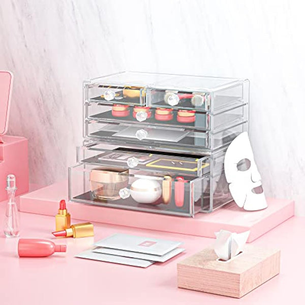 iPEGTOP Acrylic Makeup Organizer Cosmetics Storage Case, Large 6 Drawers Stackable 2 Pieces Clear Makeup Organiser Jewelry Lipstick Holder Display Box for Vanity, Bathroom Counter