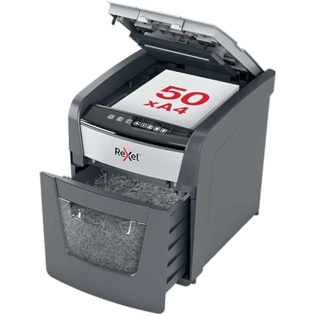 Rexel Optimum Auto Feed+ 50 Sheet Automatic Cross Cut Paper Shredder, P-4 Security, Home/Home Office, 20 Litre Removable Bin, 2020050X, Black
